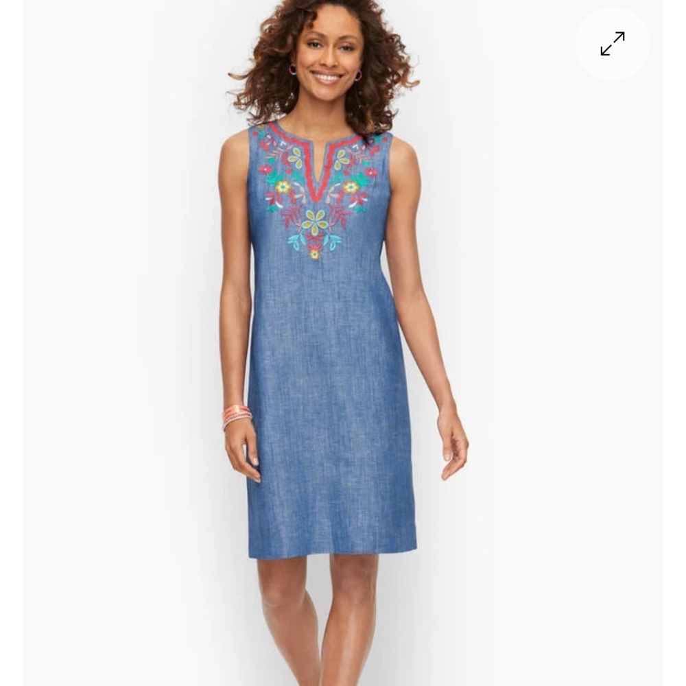Talbots Chambray Shift Dress with Embroidery Linen and Cotton blend EUC 2P